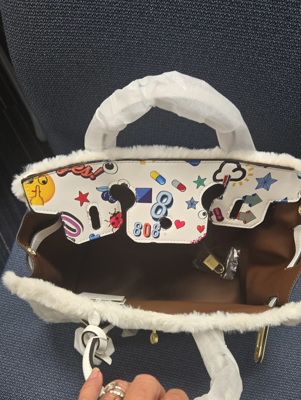 White  Fur Novelty Tote Bag with Graphiti Accents. Very Roomy And Fun.